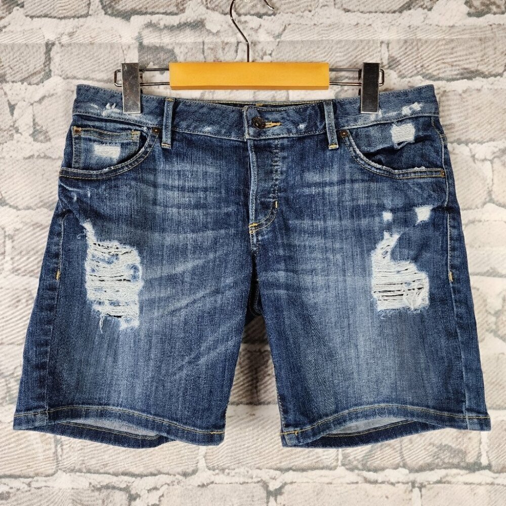 Guess Distressed Button Fly Short Dark Wash 5 Pocket Size 27